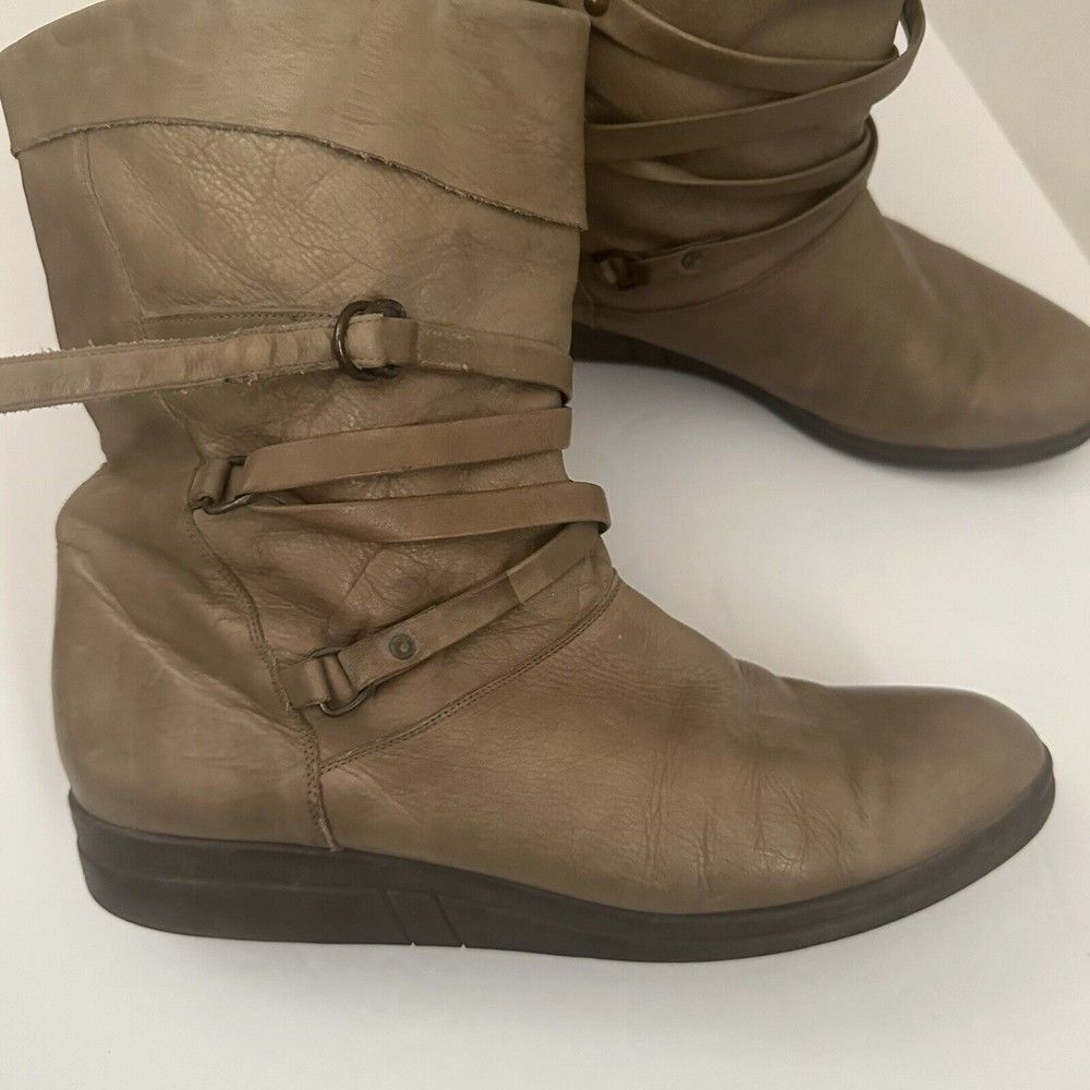 JVBO Mid Calf Slouchy Multi Strap Wrap Leather Wedge Boots Womens Tan Germany 10